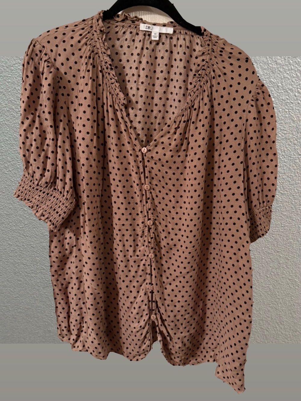 DR2 Taupe Polka Dot Button-Front Peasant Blouse